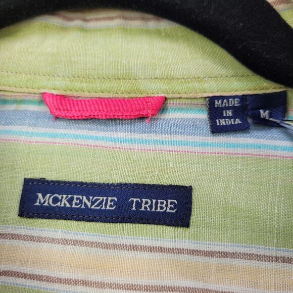 McKenzie Tribe Green Striped Linen Blend Flip Cuff Shirt size Medium - Picture 5 of 11